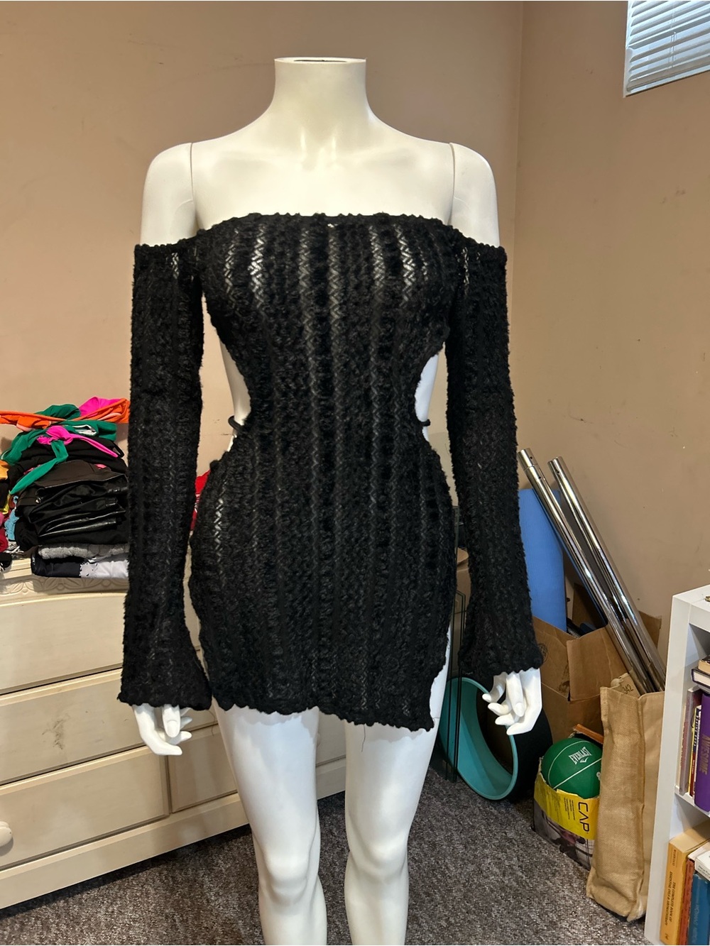 SHEIN Black Off-Shoulder Cutout Knit Mini Dress